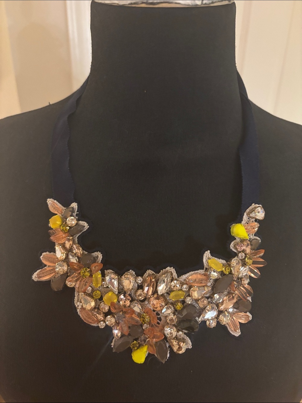 J. Crew Pink and Yellow Floral Crystal Bib Necklace